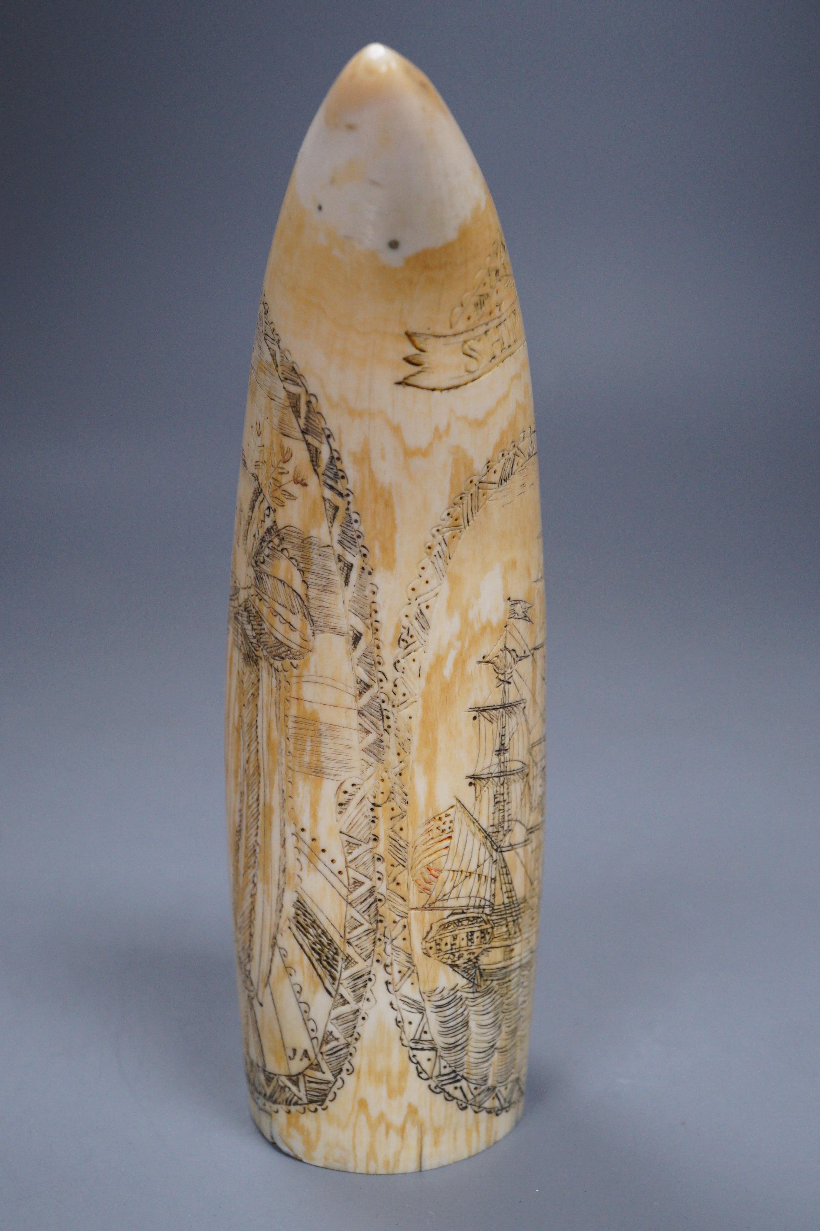 A carved scrimshaw whale tooth titled ‘Ship Dove’, 16cm